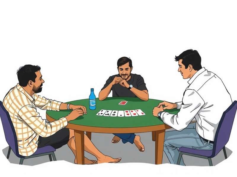 Three players engaged in a game of Gin Rummy, cards laid out on a table