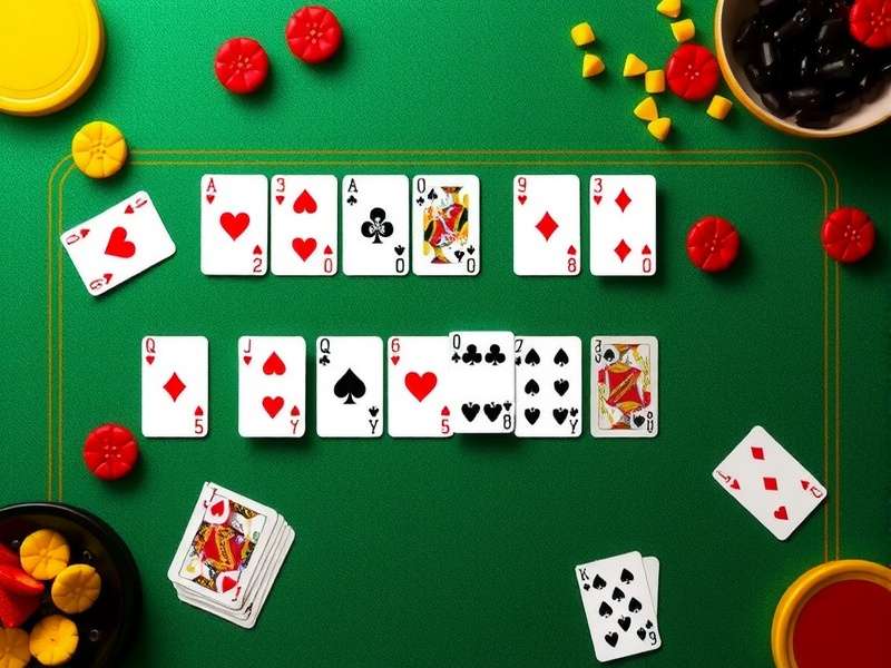 Colorful playing cards arranged in a Rummy game set on a wooden table