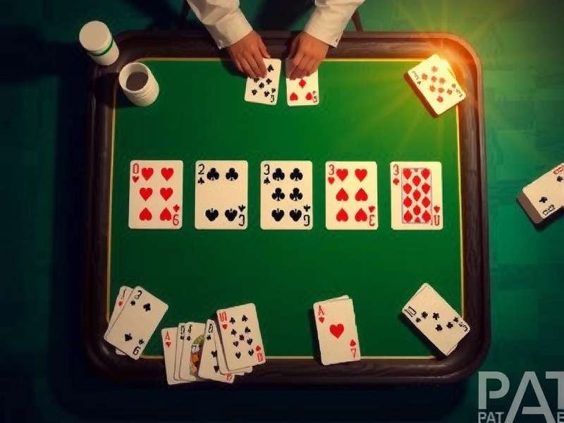 A hand of playing cards arranged in a Rummy meld sequence on a wooden table