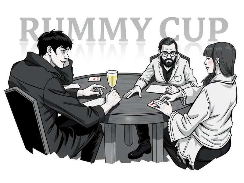 Close-up of playing cards and trophies in a rummy tournament setting