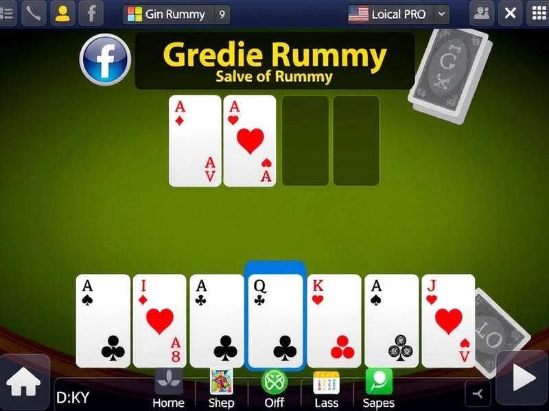 Gin Rummy cards spread on a wooden table with a computer screen showing online gameplay